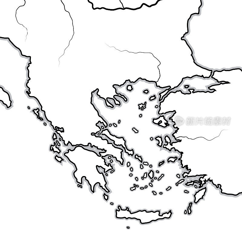 地图巴尔干/希腊的土地:希腊(希腊)，巴尔干，伯罗奔尼撒，塞萨利亚，色拉西亚，马其顿，阿尔巴尼亚，伊利里亚，爱奥尼亚，安纳托利亚，爱琴海。有海岸线和岛屿的地理图。